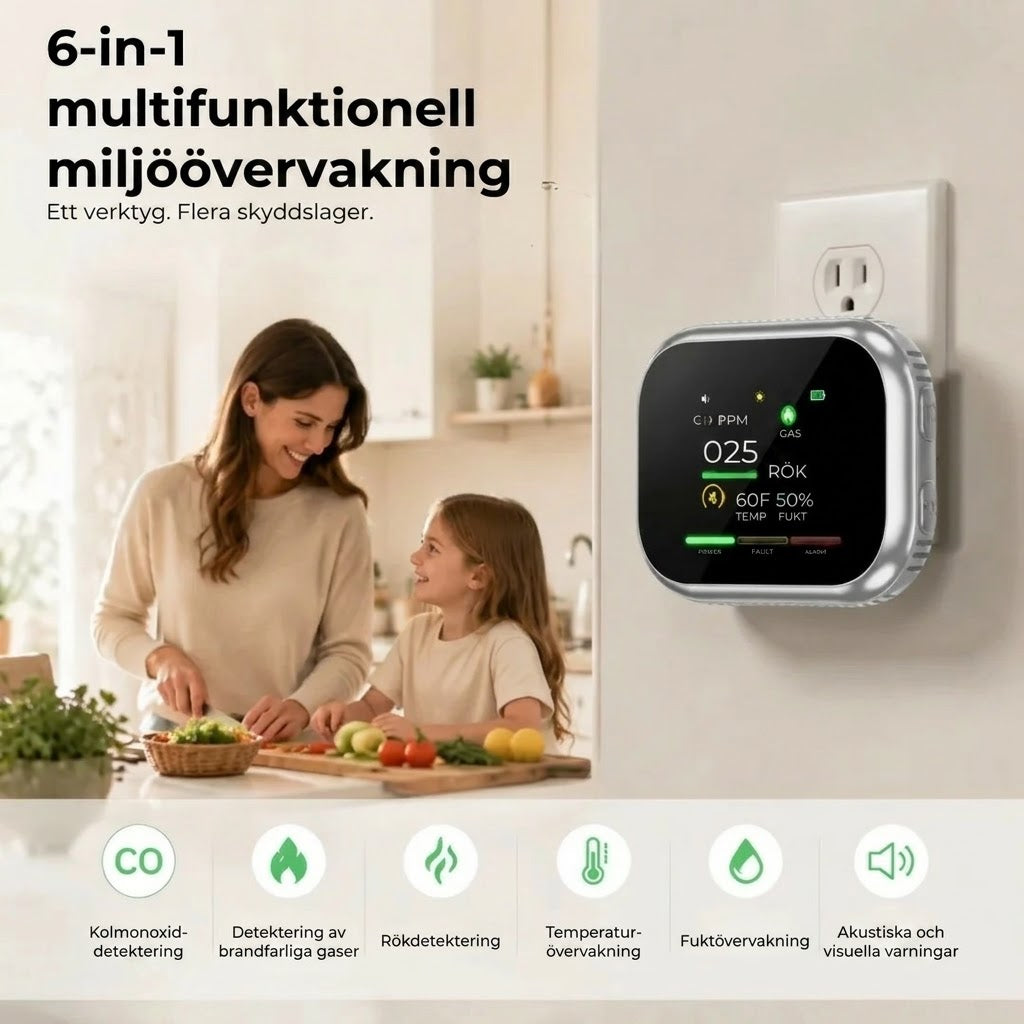 6 i 1 smart säkerhetsdetektor för kolmonoxid gas och rök