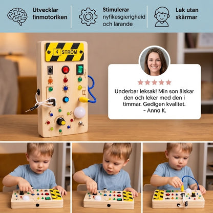 Montessori sensorisk bräda i trä med ljus och strömbrytare