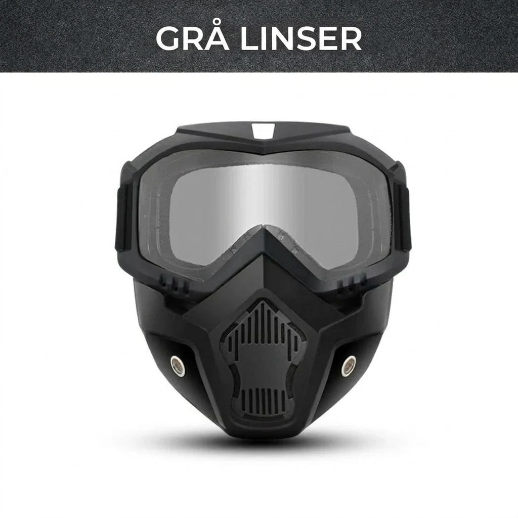 Helmask med reptåliga sportglasögon