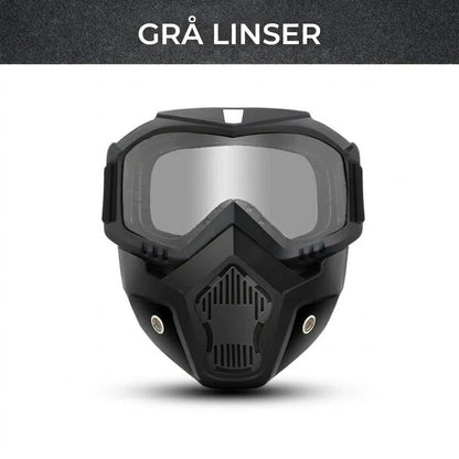 Helmask med reptåliga sportglasögon