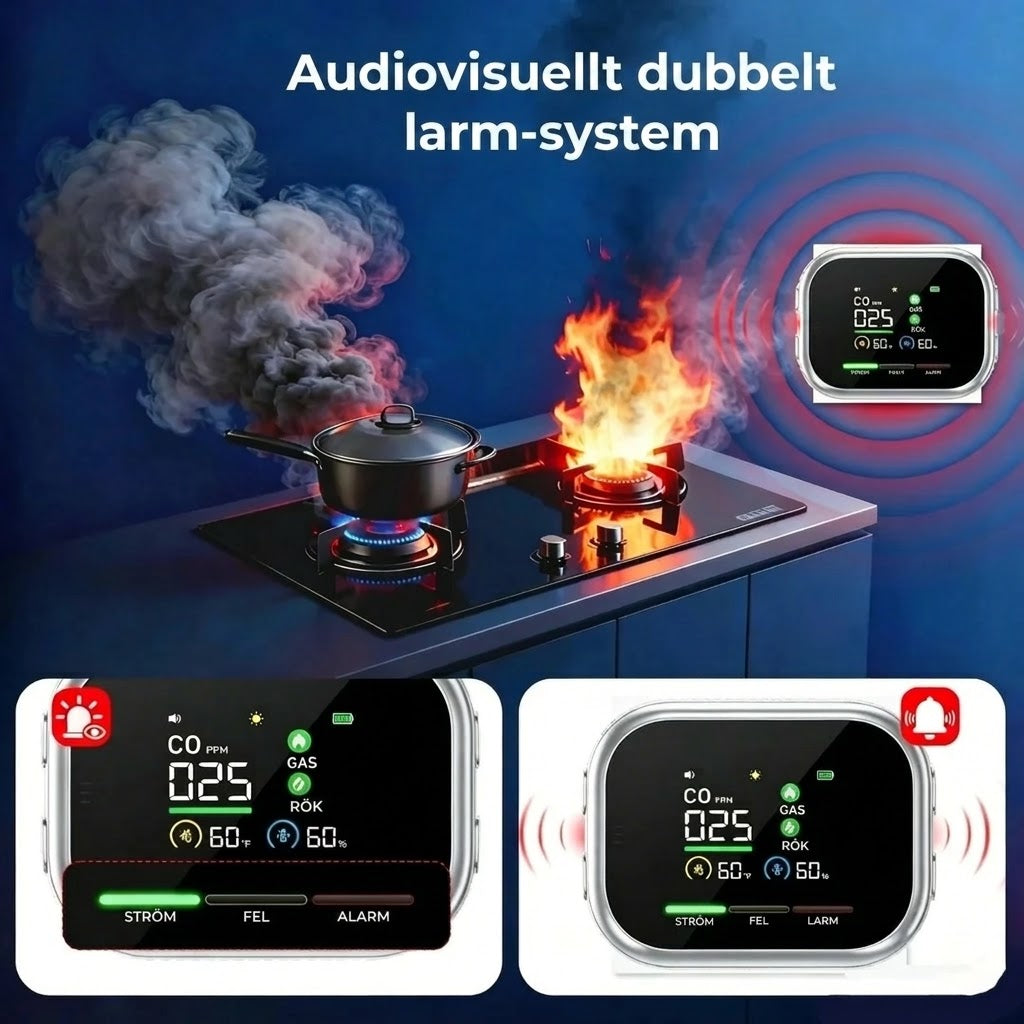 6 i 1 smart säkerhetsdetektor för kolmonoxid gas och rök