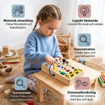 Montessori sensorisk bräda i trä med ljus och strömbrytare