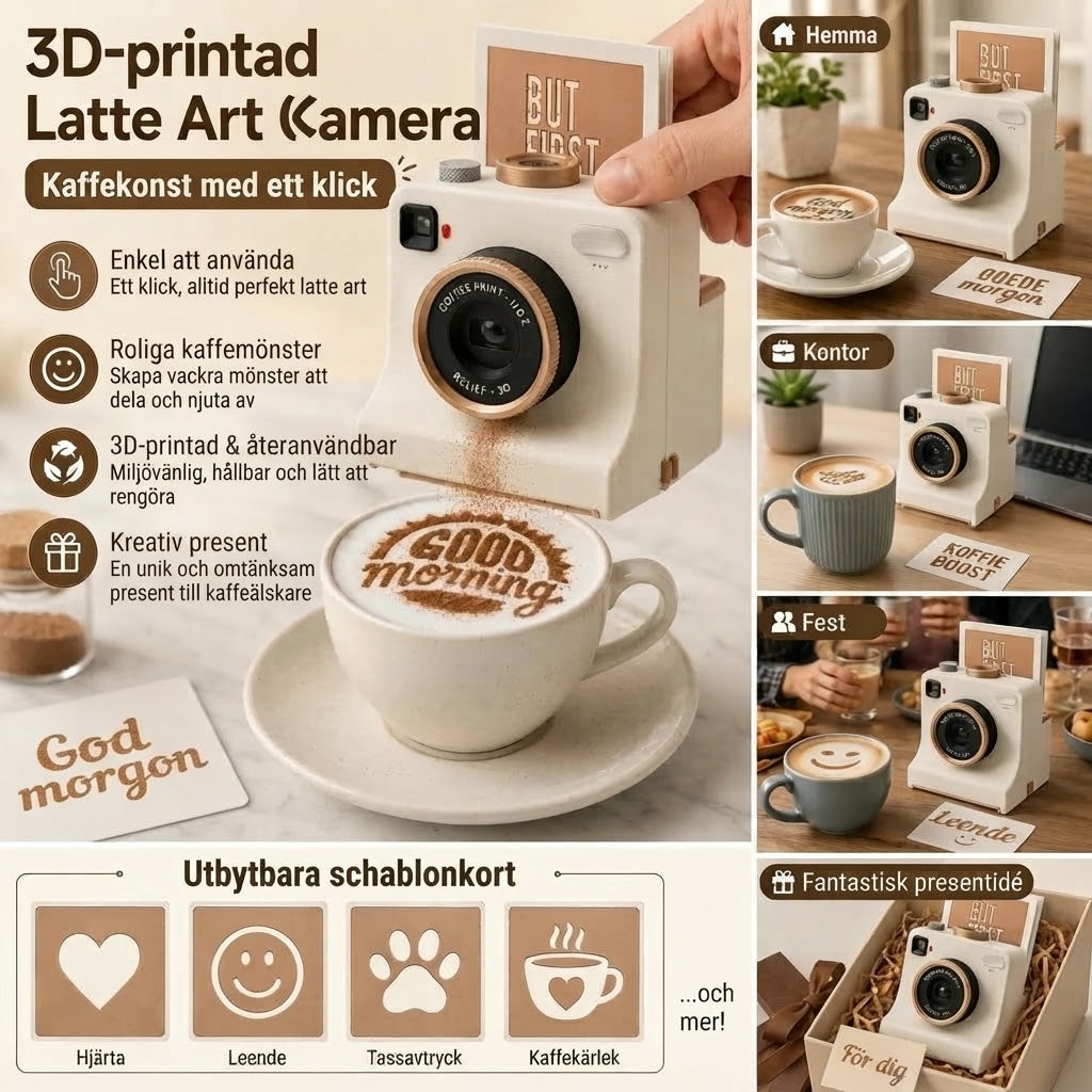 Retro kaffekonstkamera – mekanisk schablonskrivare för latte