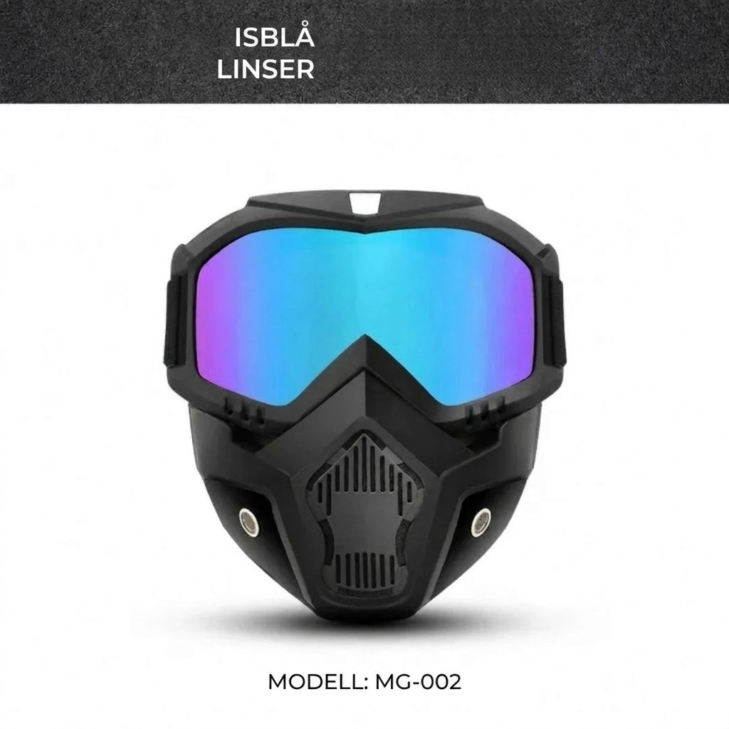 Helmask med reptåliga sportglasögon