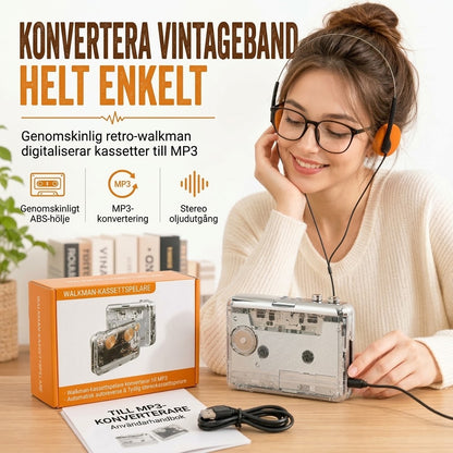 Transparent bärbar kassettspelare med USB-C och MP3-konvertering