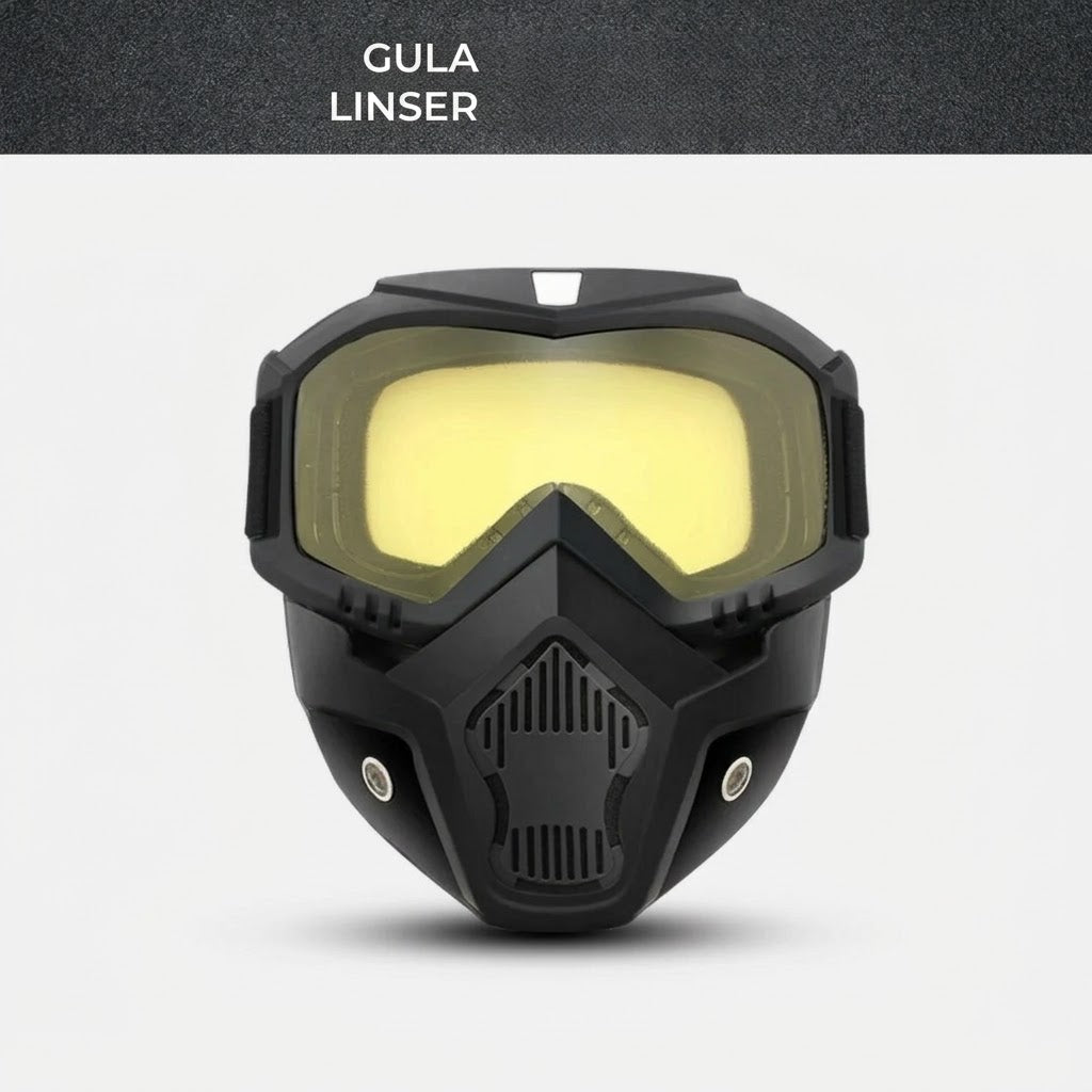 Helmask med reptåliga sportglasögon