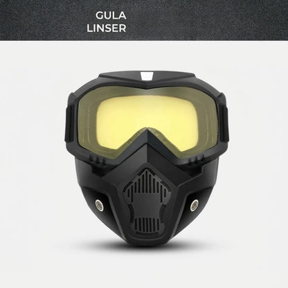 Helmask med reptåliga sportglasögon