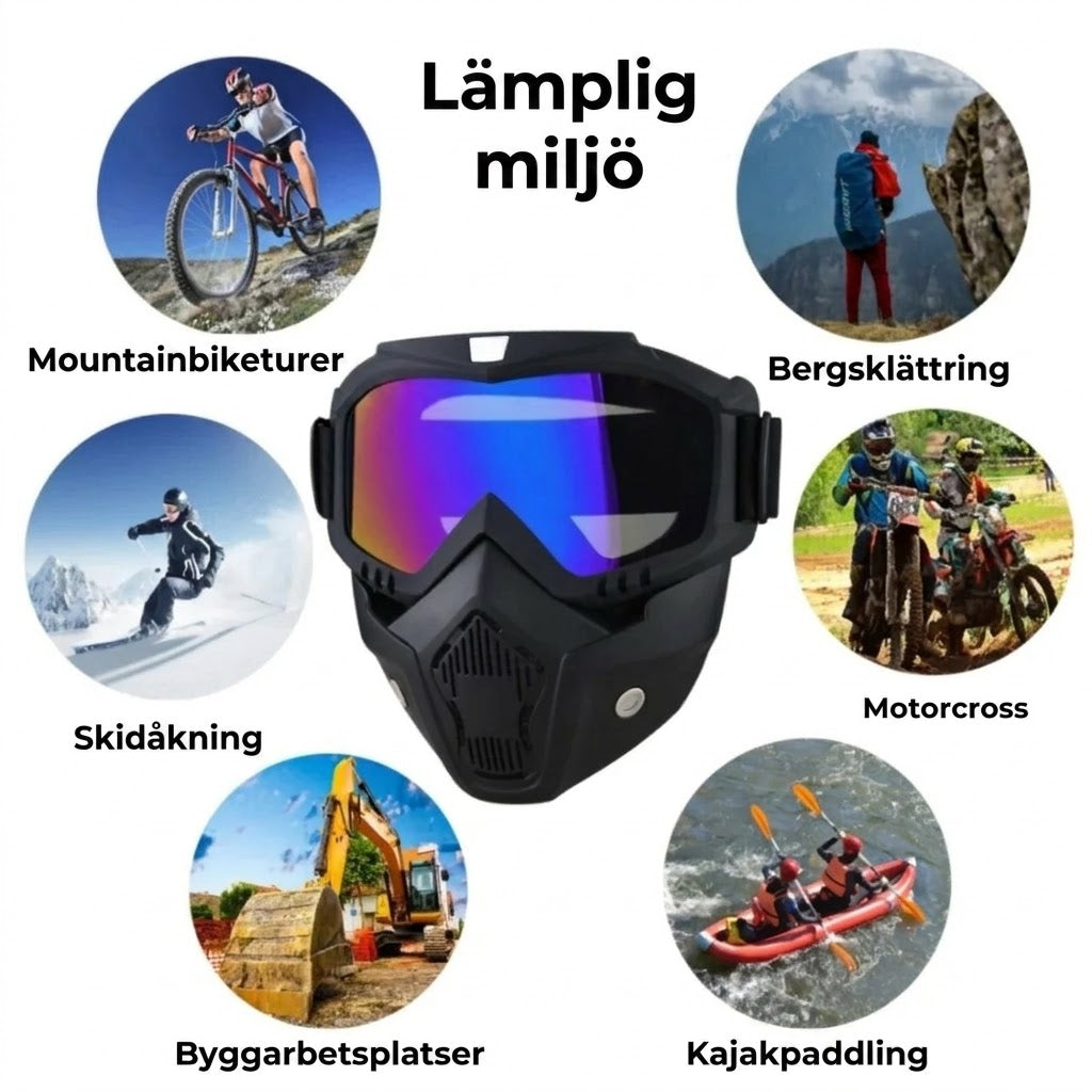 Helmask med reptåliga sportglasögon