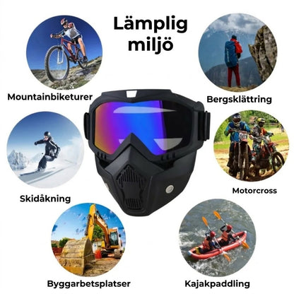 Helmask med reptåliga sportglasögon