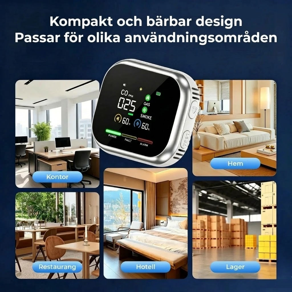 6 i 1 smart säkerhetsdetektor för kolmonoxid gas och rök