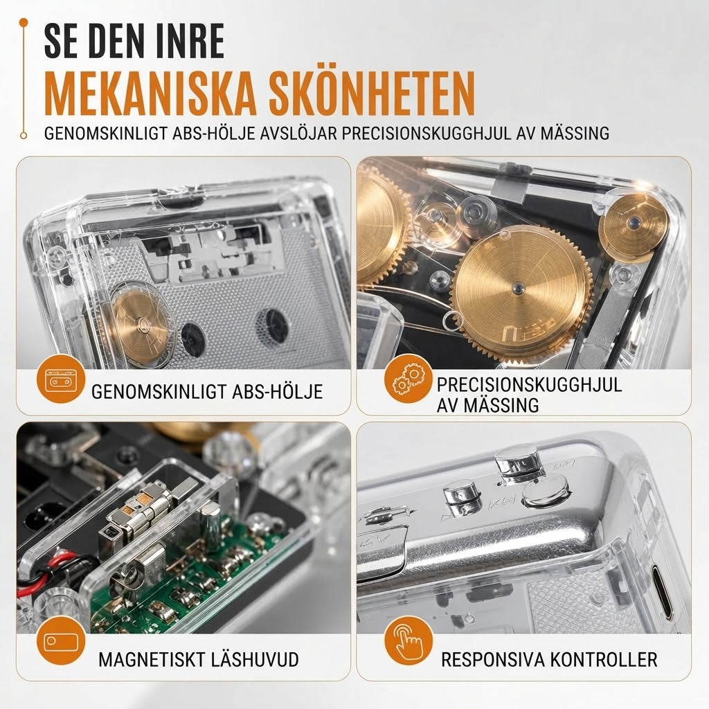 Transparent bärbar kassettspelare med USB-C och MP3-konvertering