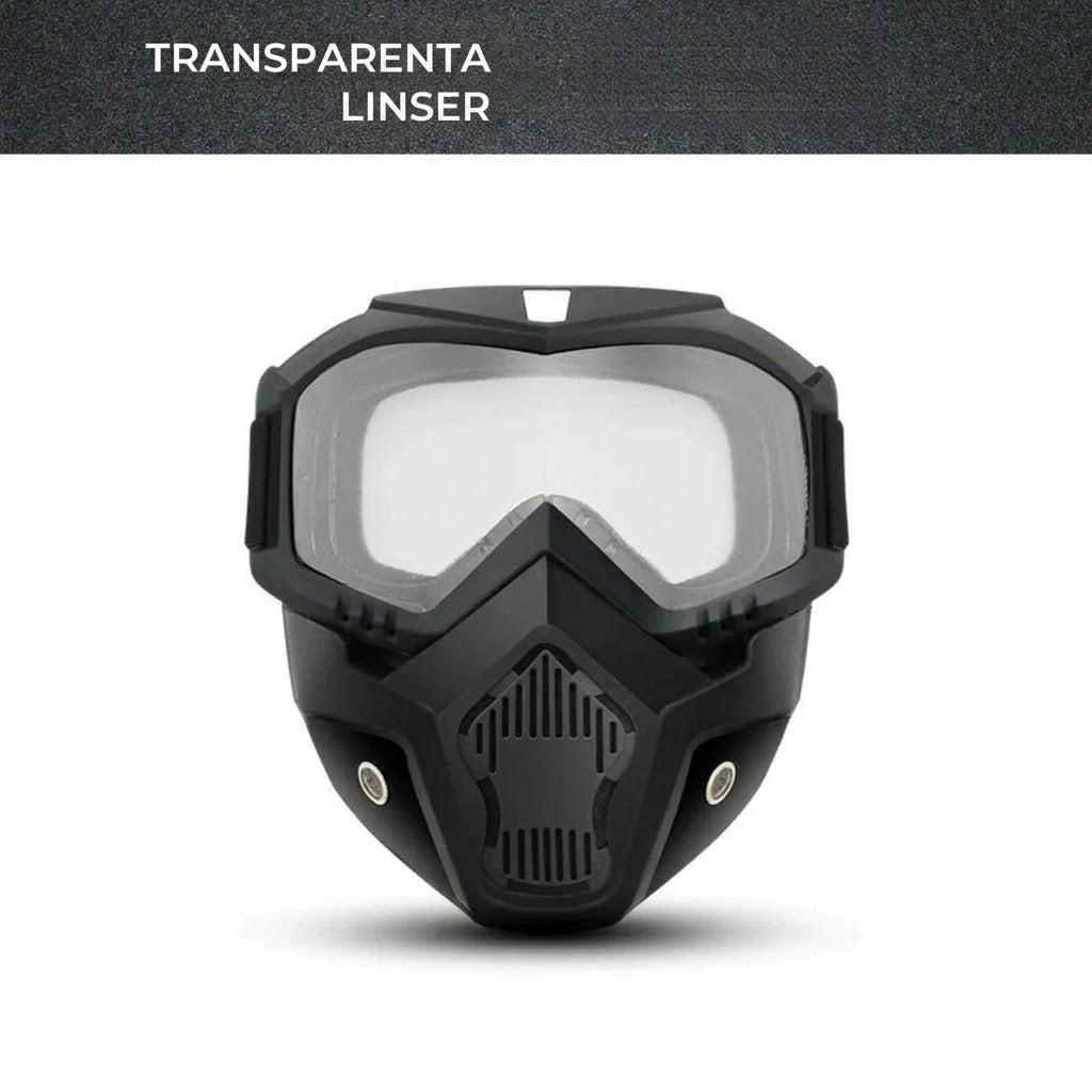 Helmask med reptåliga sportglasögon