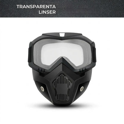 Helmask med reptåliga sportglasögon