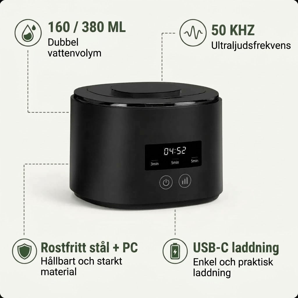 Uppladdningsbar ultraljudsrengörare för bettskenor och retainers