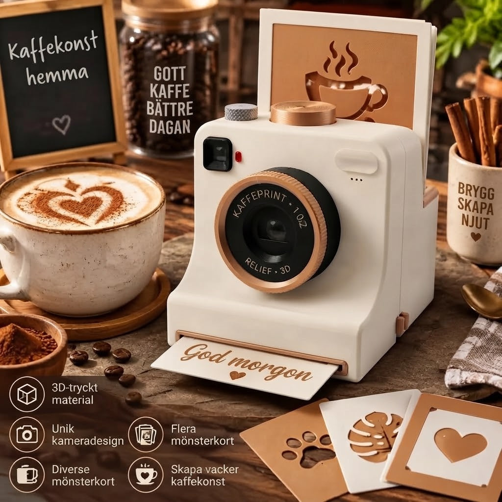 Retro kaffekonstkamera – mekanisk schablonskrivare för latte