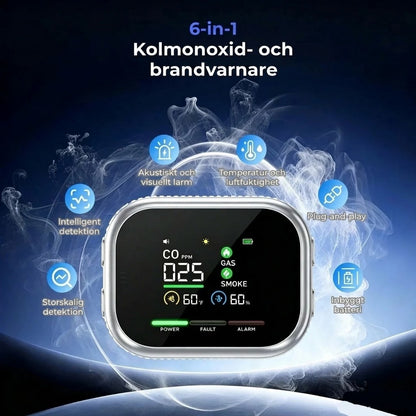 6 i 1 smart säkerhetsdetektor för kolmonoxid gas och rök