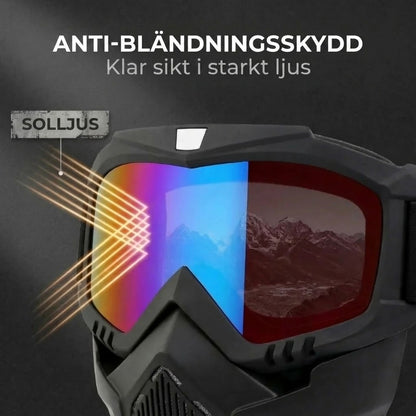 Helmask med reptåliga sportglasögon