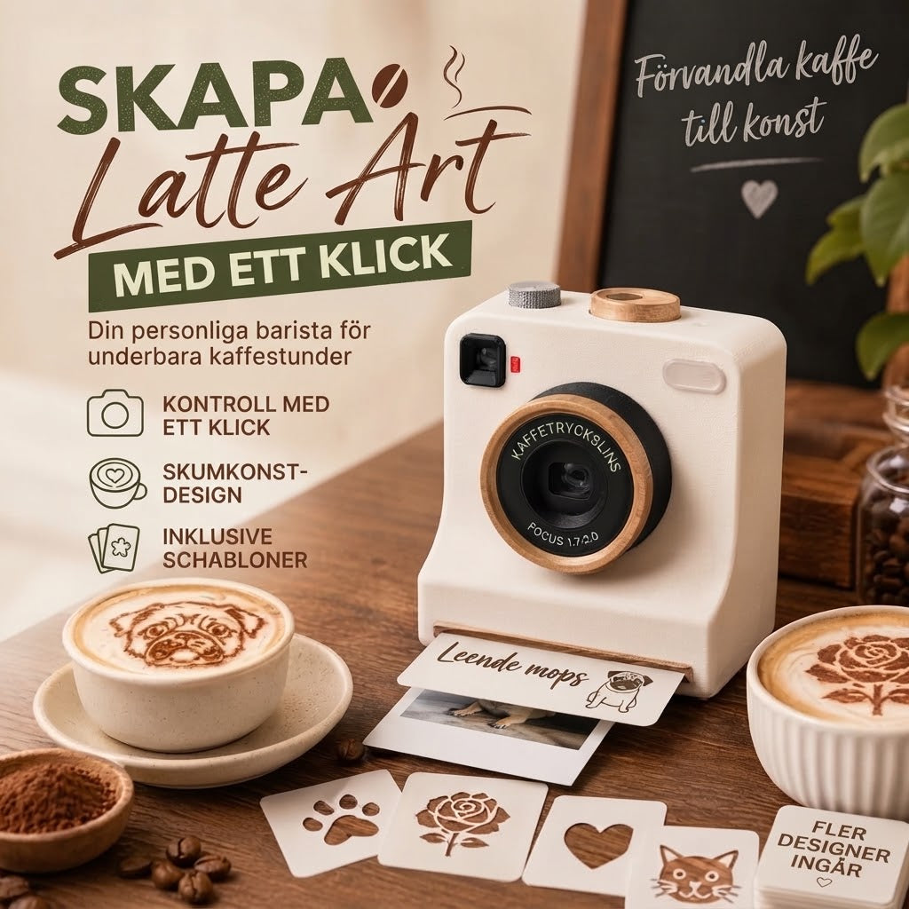 Retro kaffekonstkamera – mekanisk schablonskrivare för latte