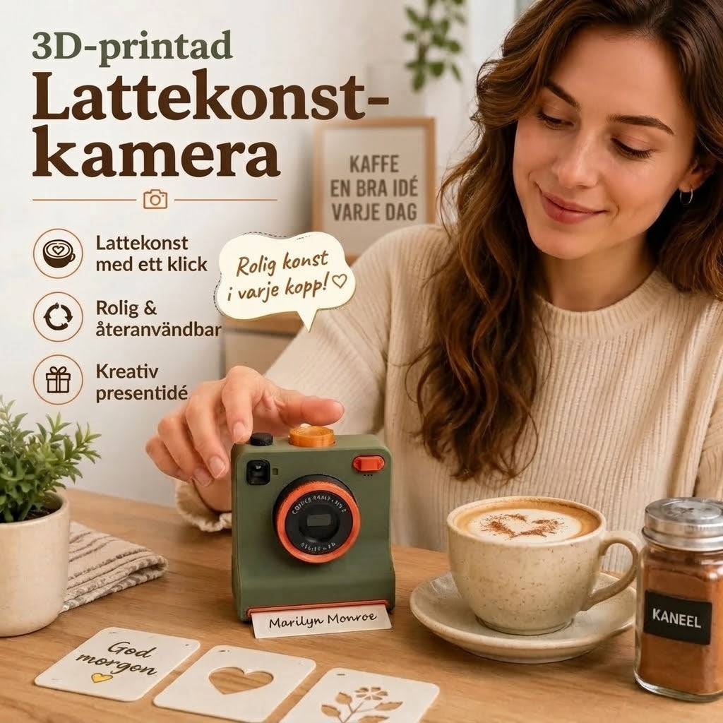 Retro kaffekonstkamera – mekanisk schablonskrivare för latte