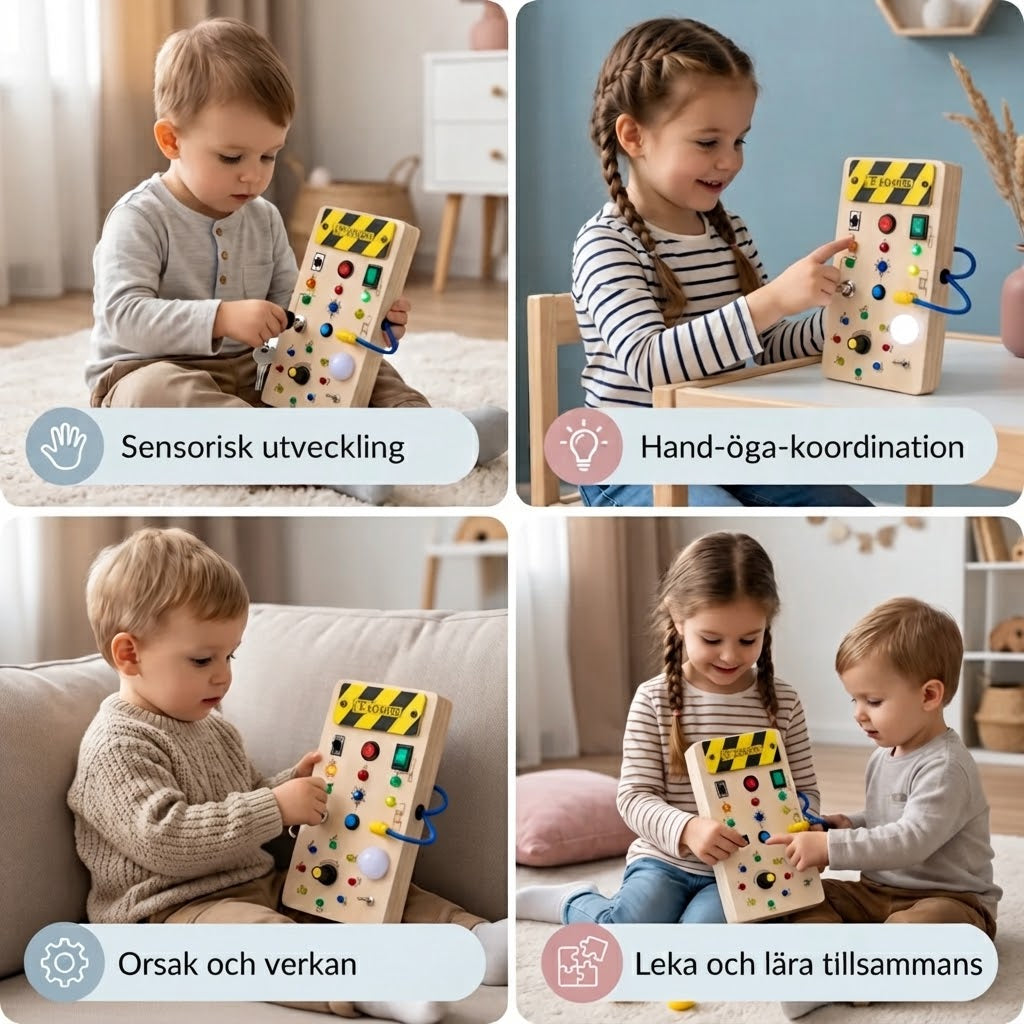 Montessori sensorisk bräda i trä med ljus och strömbrytare