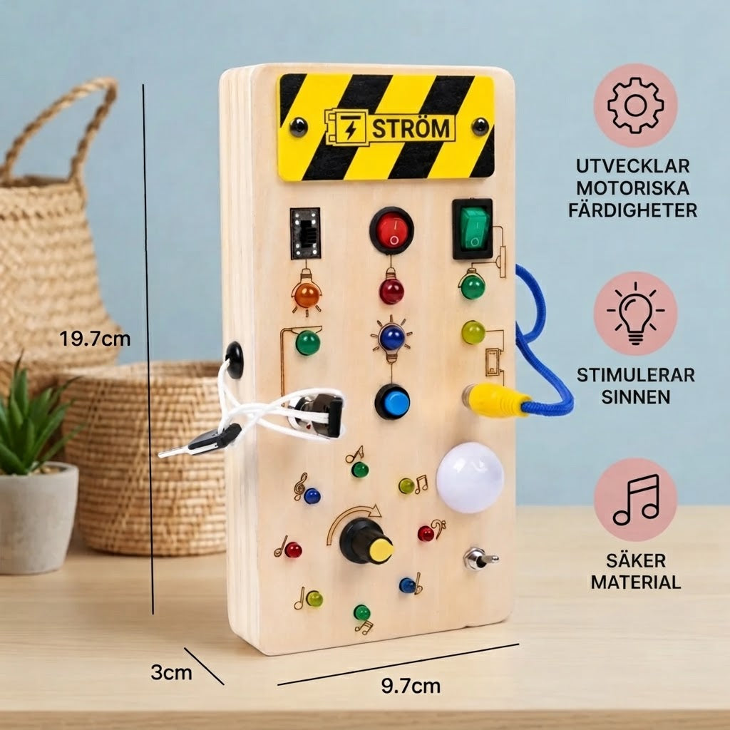 Montessori sensorisk bräda i trä med ljus och strömbrytare