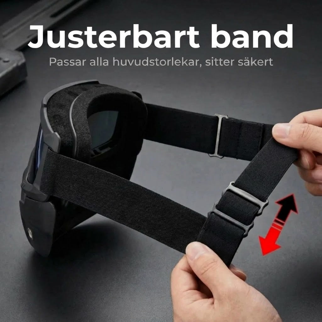Helmask med reptåliga sportglasögon