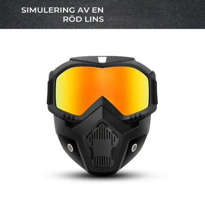 Helmask med reptåliga sportglasögon