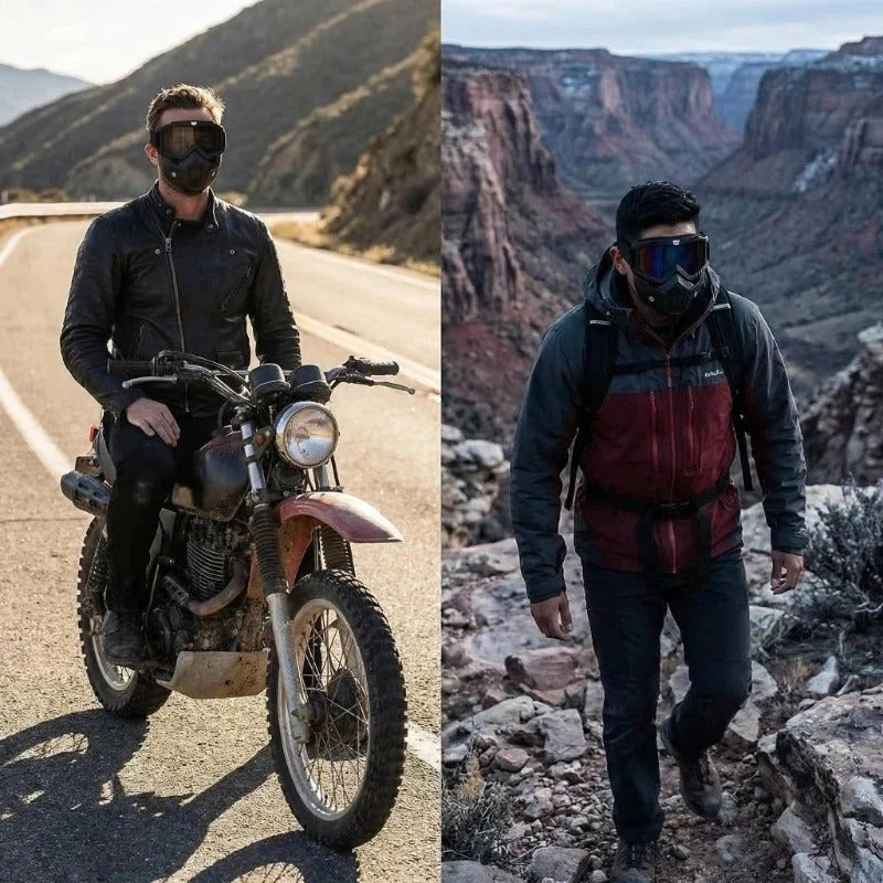Helmask med reptåliga sportglasögon
