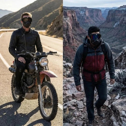Helmask med reptåliga sportglasögon
