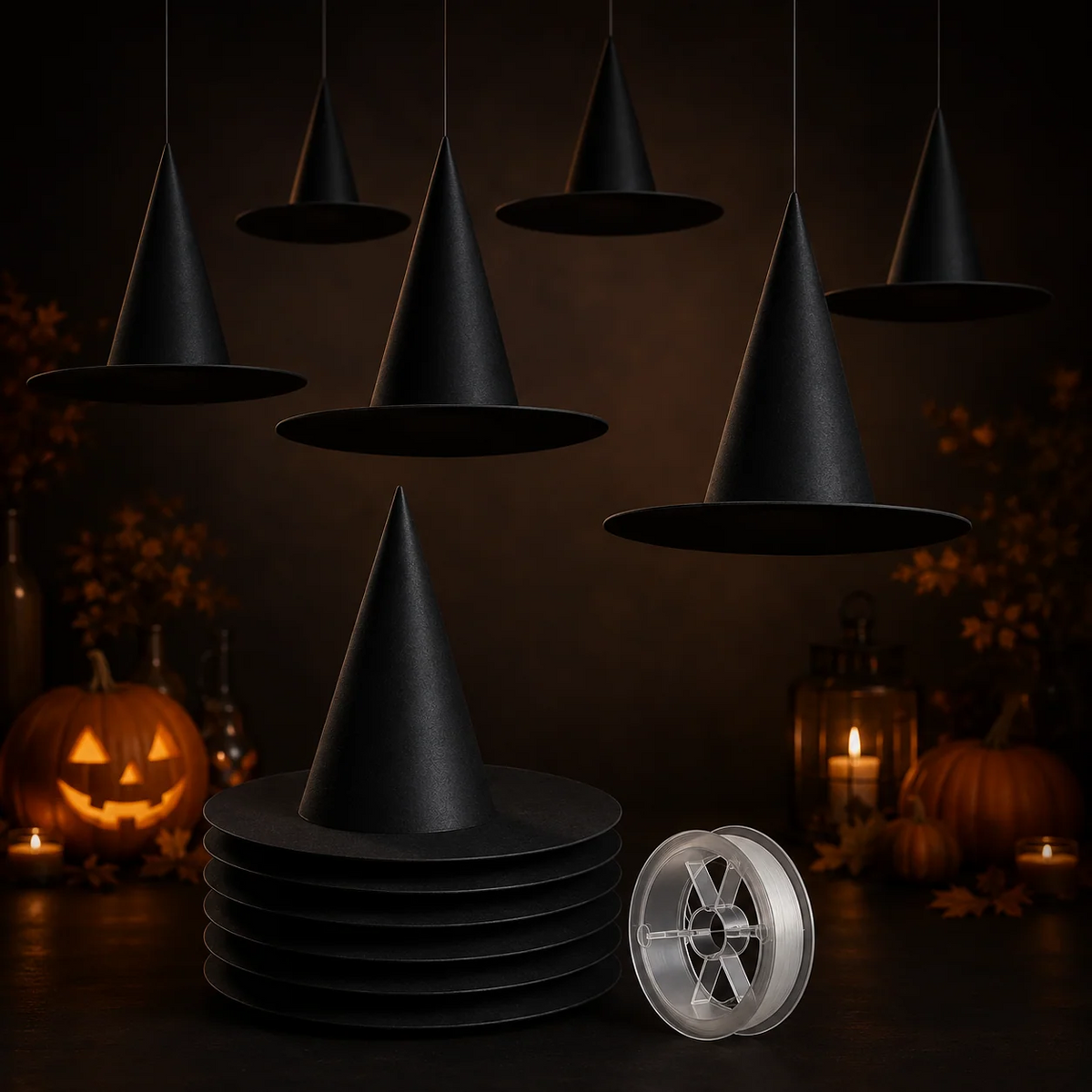 Svävande häxhattar för Halloween-dekoration