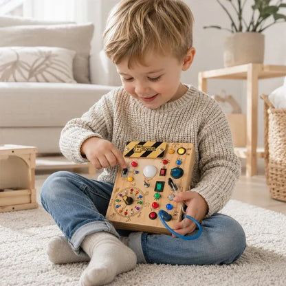 Montessori sensorisk bräda i trä med ljus och strömbrytare