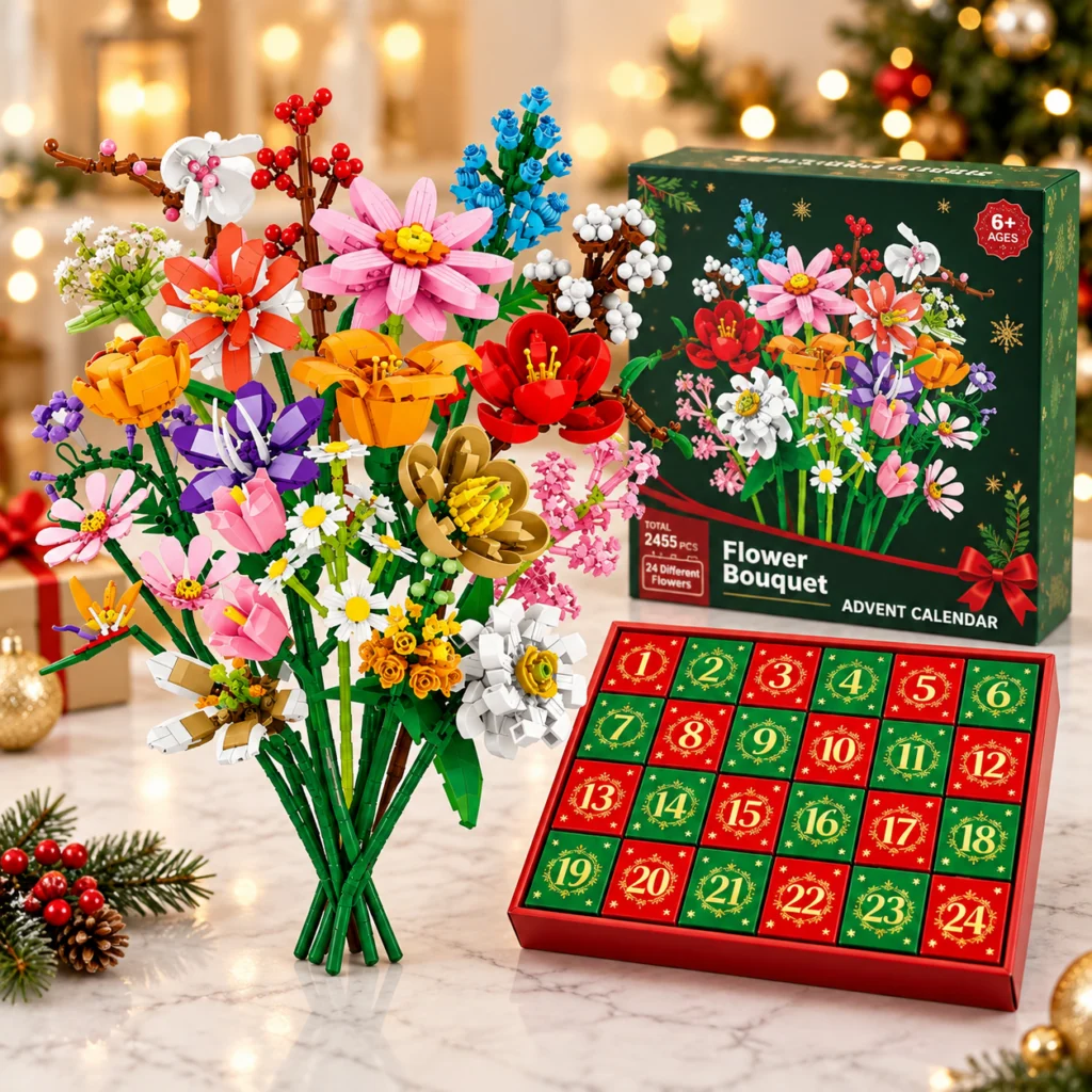 Adventskalender med byggset för blombukett till jul