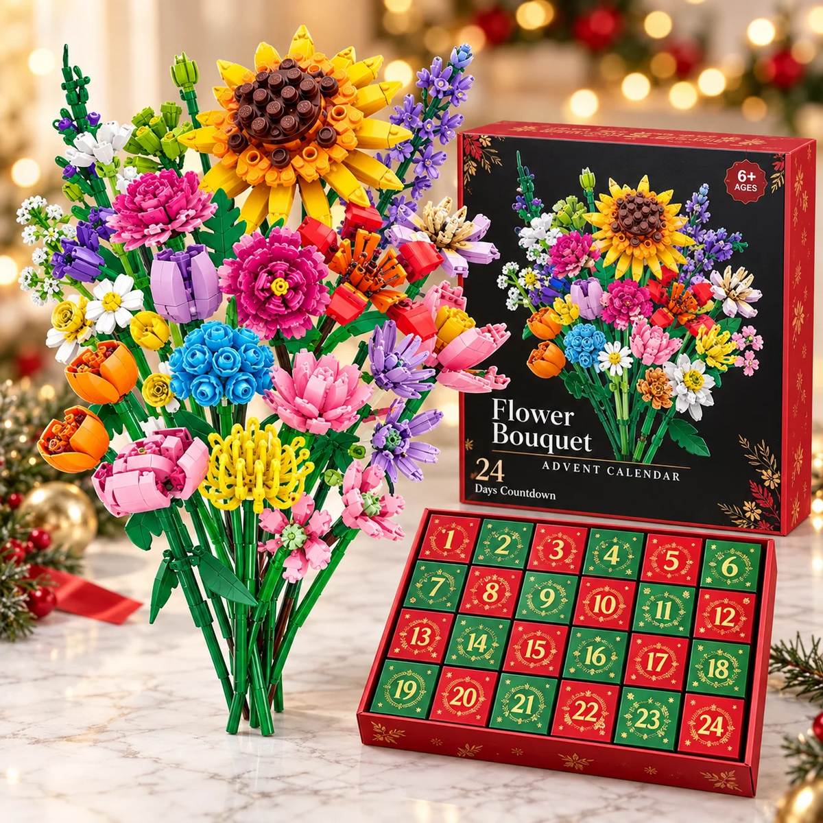 Adventskalender med byggset för blombukett till jul