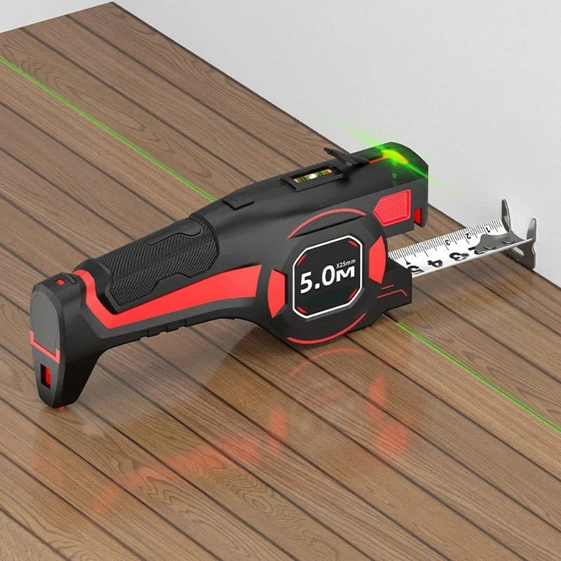 Måttband med laserstyrning och vattenpass
