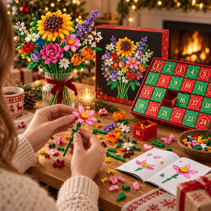 Adventskalender med byggset för blombukett till jul