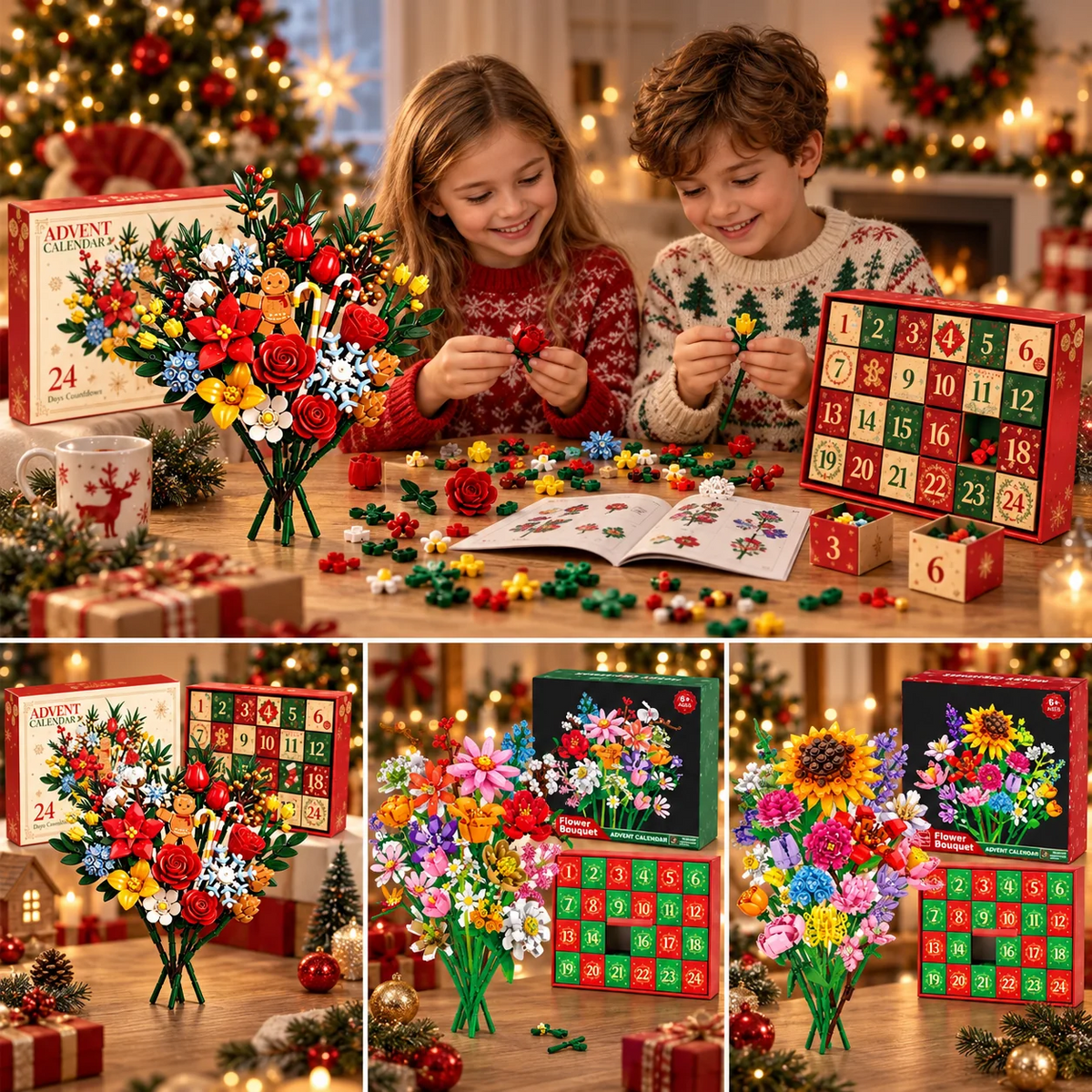 Adventskalender med byggset för blombukett till jul