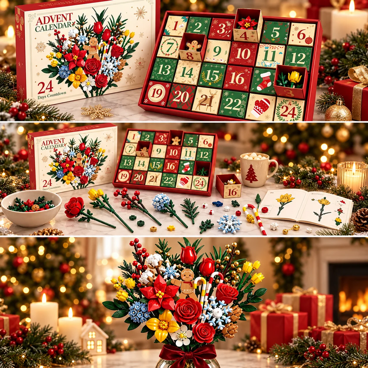 Adventskalender med byggset för blombukett till jul